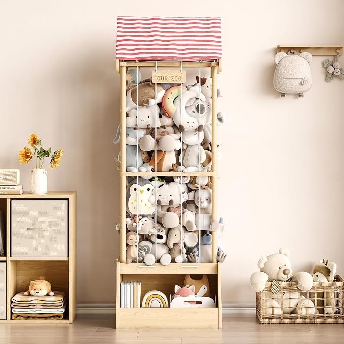 Stuffed Animal Storage, Wooden Stuffed Animal Zoo with Toy Box and Triangular Ceilings, Vertical Stuffed Animal Holder with Thicker Elastic Band, Plushies Storage for Playroom, Nursery, Bedroom