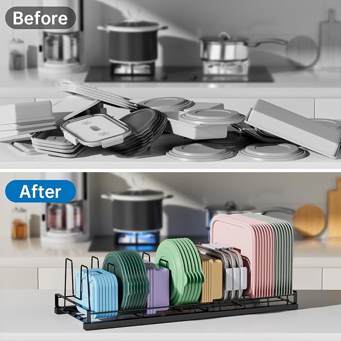 Expandable Food Container Lid Organizer, 9 Adjustable Dividers Sturdy Metal Pot and Pan Organizer Rack for Kitchen Cabinets, Drawers, Pantry Shelves, Countertops, Black, 8.15" Wide