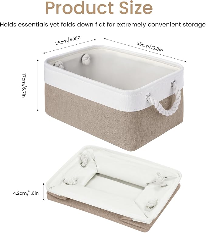 Storage Baskets for Shelves 13.8x9.8x6.7 Inch, Foldable Fabric Storage Bins with Handles, Small Storage Baskets for Organizing Closet, Office, Home Organization (1-Pack, White&Khaki)