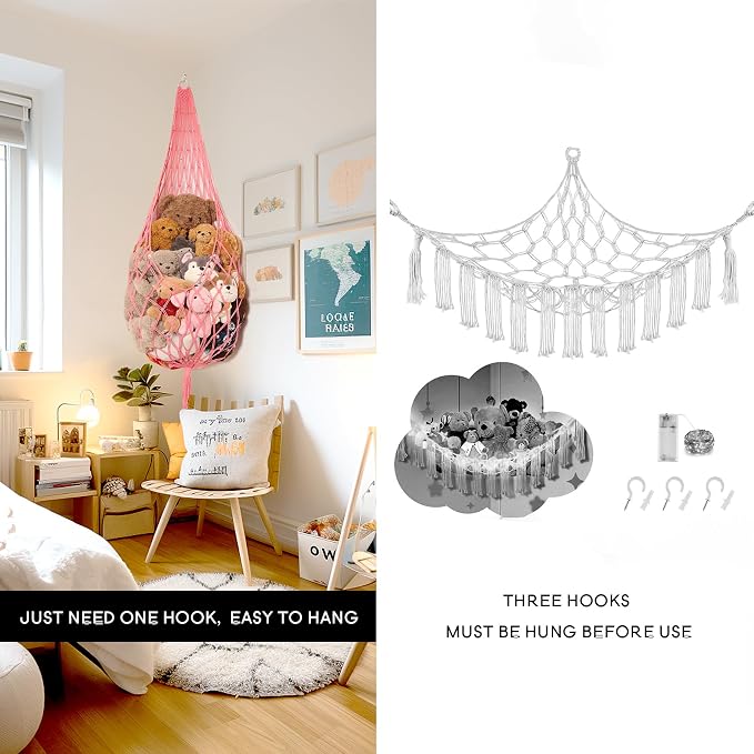 Amdermi Novel Stuffed Animal Hammock Corner Hanging Net for Stuff Aniaml Storage Macrame Toy Display Plush Toy Holder-Perfect for The Tiny Space Walls (pink, XXL)