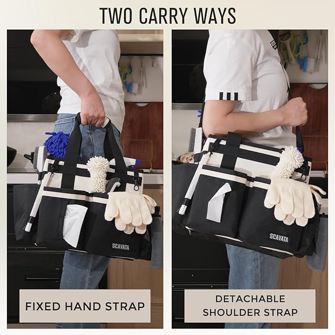 SCAVATA Compact Wearable Cleaning Caddy, Small Cleaning Supplies Organizer with Handle & Shoulder Straps for Housekeepers, under Sink & Car Cleaning Tool Organizers Bag, Cream White