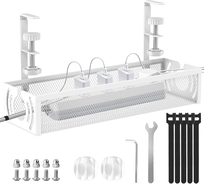 Cable Management, 15'' Under Desk Cable Management Tray No Drill, Metal Cable Organizer with Clamp for Wire Management, Cord Organizer for Home Office, Desk Accessories Organizer, White