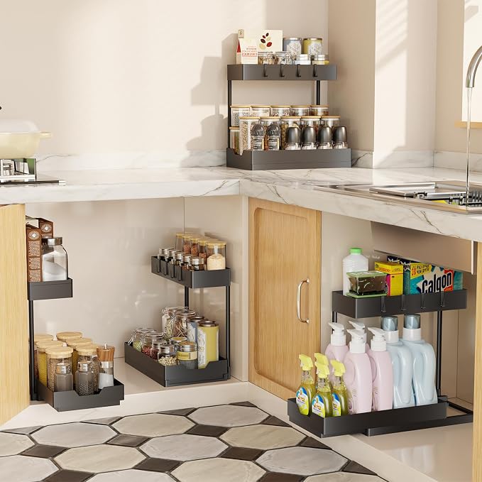 Simple Trending Under Sink Organizer 2 Pack, 2 Tier Cabinet Organizer with Sliding Basket, Multi-Purpose Sink Storage Basket with 4 Hooks for Kitchen Bathroom, Black