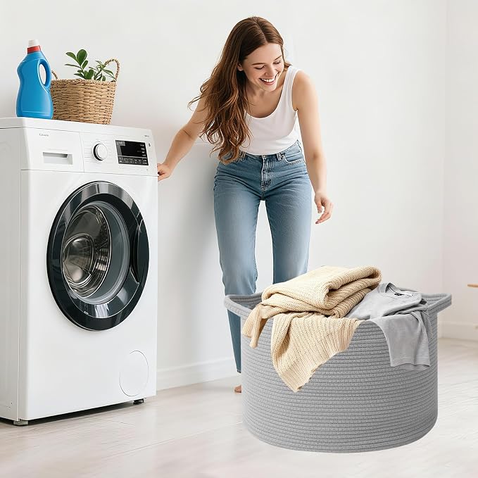 115L Extra Large Blanket Basket,Woven Rope Laundry Basket Hamper with Handles, Decorative Nursery Basket Storage Bin for Toys, Clothes Organizer, Living Room, Bedroom, Bathroom, Light Grey