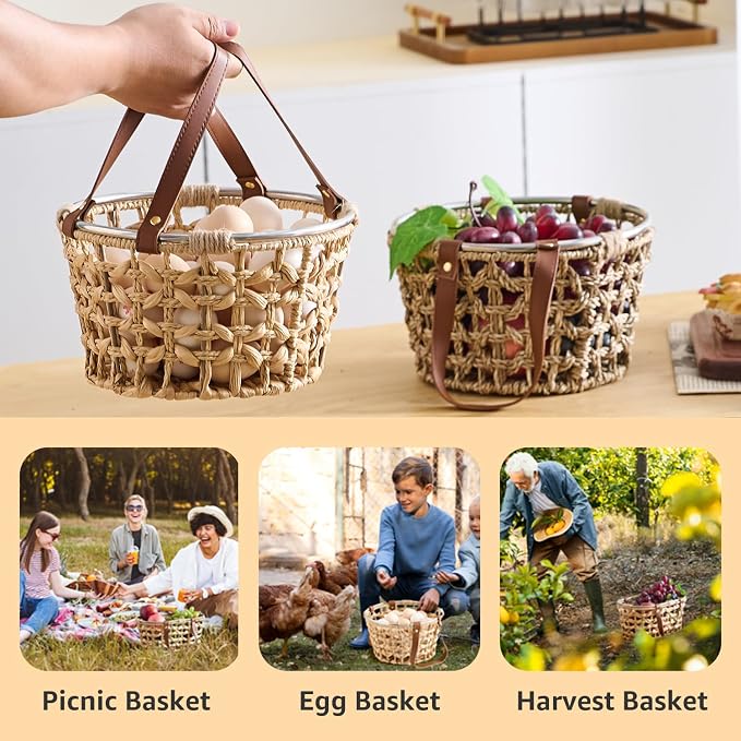 Farmhouse Seagrass Egg Baskets - Handmade Wicker Egg Collecting Basket with Handle