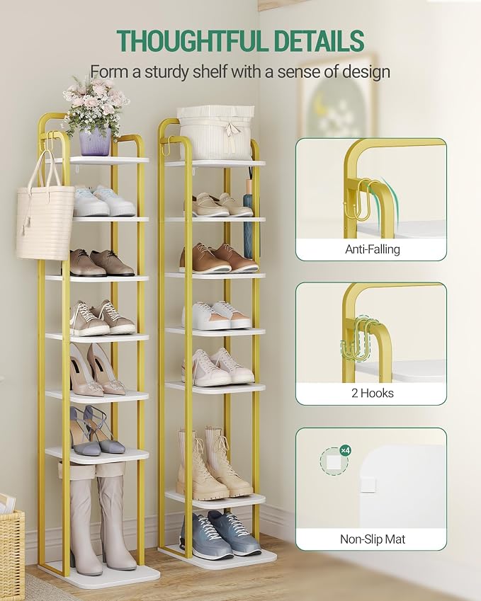 Hzuaneri 8 Tiers Vertical Shoe Rack, Narrow Shoe Tower, Tall Shoes Shelf with 2 Hooks, Adjustable Shelves, Corner Shoes Shelves for Small Spaces, Entryway, Living Room, White Gold SR04313A