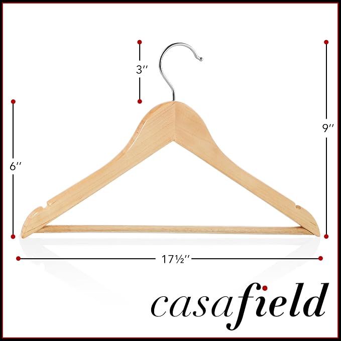 Casafield - 20 Natural Wooden Suit Hangers - Premium Lotus Wood with Notches & Chrome Swivel Hook for Dress Clothes, Coats, Jackets, Pants, Shirts, Skirts