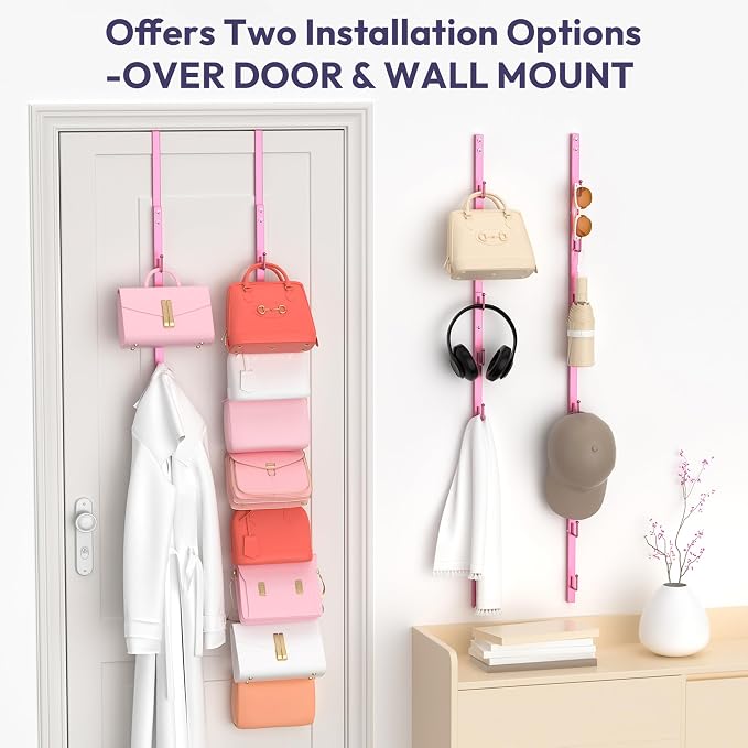 SWTYMIKI Over the Door Purse Organizer - 2 Packs Wall Mounted Purse Rack with 8 Hooks Design, Hanging Handbag Organizer Storage Holds up to 16 Bags, Bag Rack for Closet, Door(Pink)