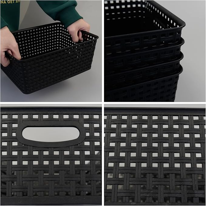 Morcte Plastic Weave Shelf Basket, 4-Pack Plastic Baskets Organizer, Black