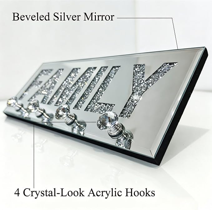 Crushed Diamond FAMILY Key Holder, Silver Mirror Wall Decor,11.8" ,4 Hooks | crushed diamond silver mirror with safe beveled edges,4 2-lb capacity acrylic hooks ,shatterproof, for keys/scarves/bags etc.