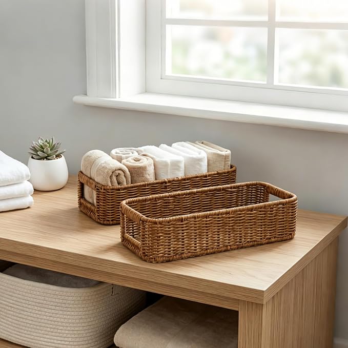 ZAVOOS 2 Pack Toilet Tank Basket with Handwoven Built-in Handle | Rectangular Wicker Shelf Baskets for Organizing, Countertop Storage Bin for Bathroom Tank Top, Bedroom Closet