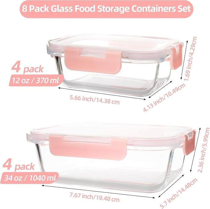 16Pack Glass Meal Prep Containers 8 Bowls with 8 Airtight Pink Lids 2 Sizes | Borosilicate glass food storage set for lunch, leftovers & portion control — microwave/freezer/dishwasher safe, leak-proof