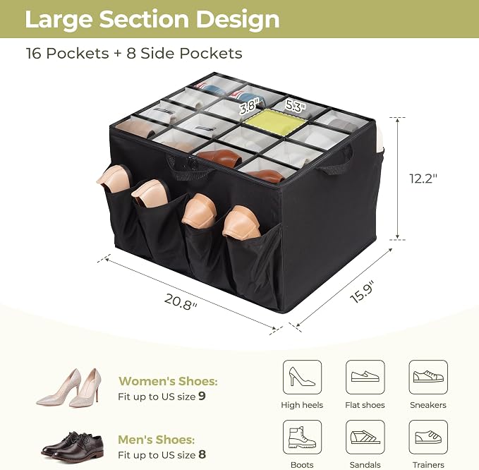 Fabric Shoe Organizer for Closet, Fits up to 24 Pairs, Foldable Shoe Storage Bin Containers with Adjustable Dividers and Clear Cover, Black, 6 Pack