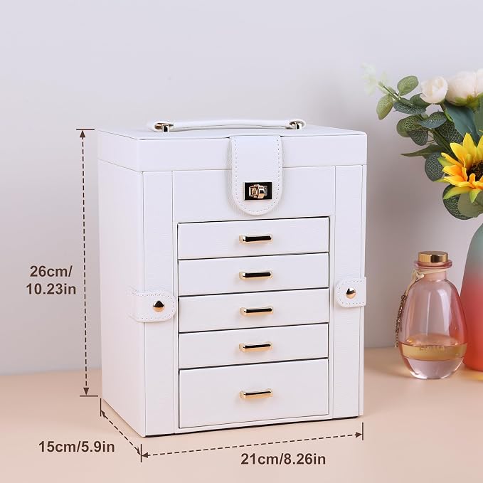 Kendal Jewelry Box, 6-Layer Jewelry Storage Organizer for Necklace Bracelet Rings Watch, 10.2"x8.2"x6" Classic PU Leather 5 Drawers Large Storage Capacity with Mirror