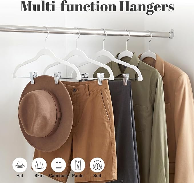 HOUSE DAY Velvet Skirt Hangers 24 Pack, White Velvet Hanger with Adjustable Clips, Space Saving Slim Pant Hangers, Heavy Duty Non Slip Clip Hanger for Pants, Skirts, Shorts | Velvet Hanger with Adjustable Clips, Space Saving Velvet Pant Hangers, Heavy ...