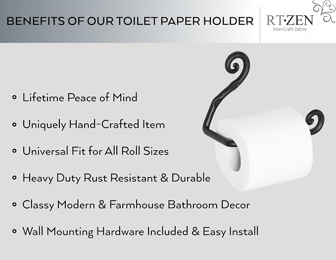 RTZEN Bathroom Toilet Paper Holder - Handcrafted Rustic Wrought Iron Wall Decor Toilet Roll Holder - Black Matte Wall Mount Bar for Modern Farmhouse Bathroom Decor
