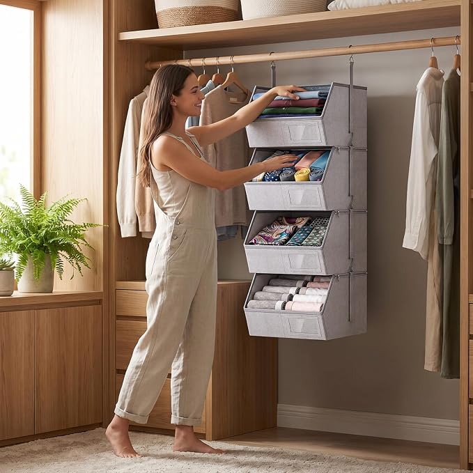 4-Tier Hanging Closet Organizer, Detachable Hanging Storage Shelves with Reinforced Side Panels, Hanging Closet Organizer for Clothes, Sweaters, Towels, Socks & Accessories, Gray