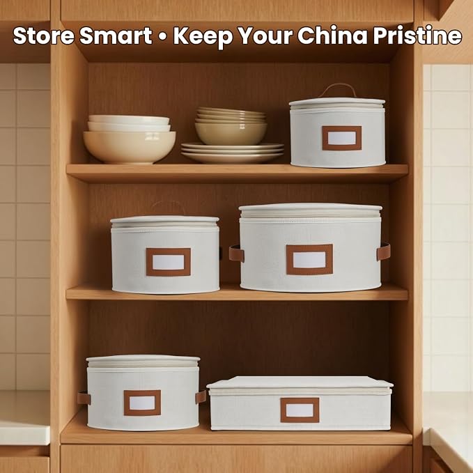 HOMELUX THEORY Plate Storage Box, 2pc 12"x8" Ivory Hard Shell China Storage Containers, Kitchen Storage Bins With Lids, Heavy Duty Moving Box with Handles for Dishes, Dinner Plate & Dinnerware