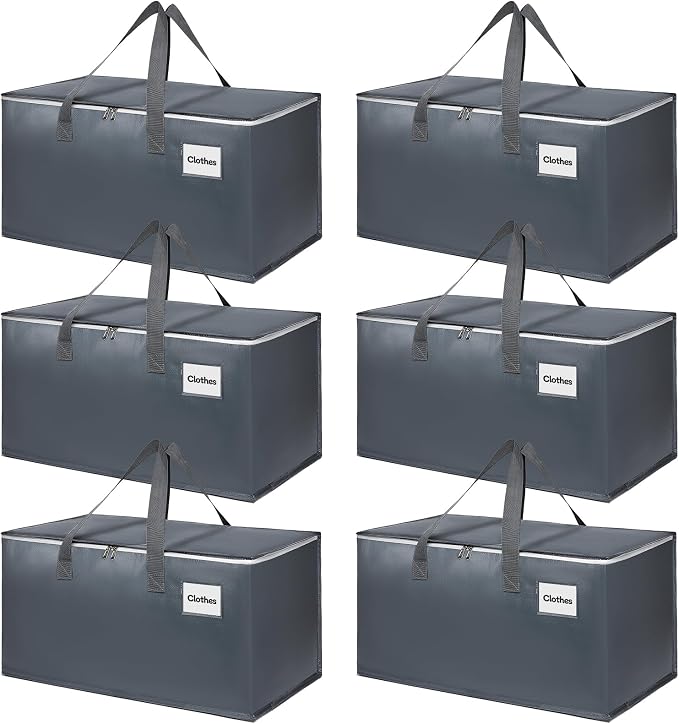 6 Pack Extra Large Heavy Duty Moving Bags with Reinforced Zipper & Wide Carrying Handles, Large Capacity Storage Totes for Clothes Packing, Apartment Moves & Home Organization, Grey