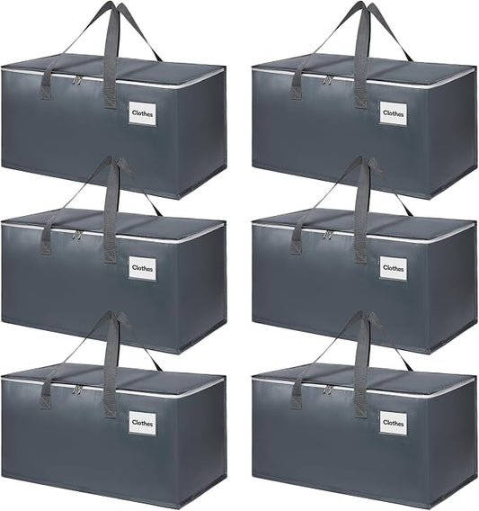 6 Pack Extra Large Heavy Duty Moving Bags with Reinforced Zipper & Wide Carrying Handles, Large Capacity Storage Totes for Clothes Packing, Apartment Moves & Home Organization, Grey