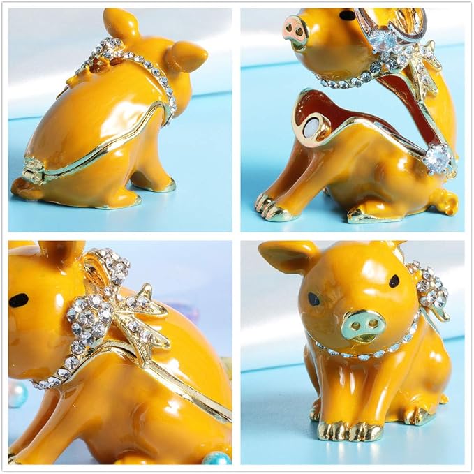 Waltz&F New Golden Pig with Bowknot Handcrafted Pewter Trinket Box Animal figurine Hinged Jewelry Box
