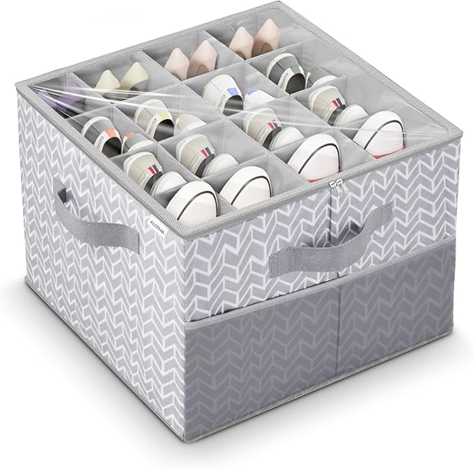 ALCOVA Shoe Organizer for Closet, Shoe Storage Box with Clear Cover, Foldable Shoe Storage Box, Fits up to 12-16 Pairs, Gray
