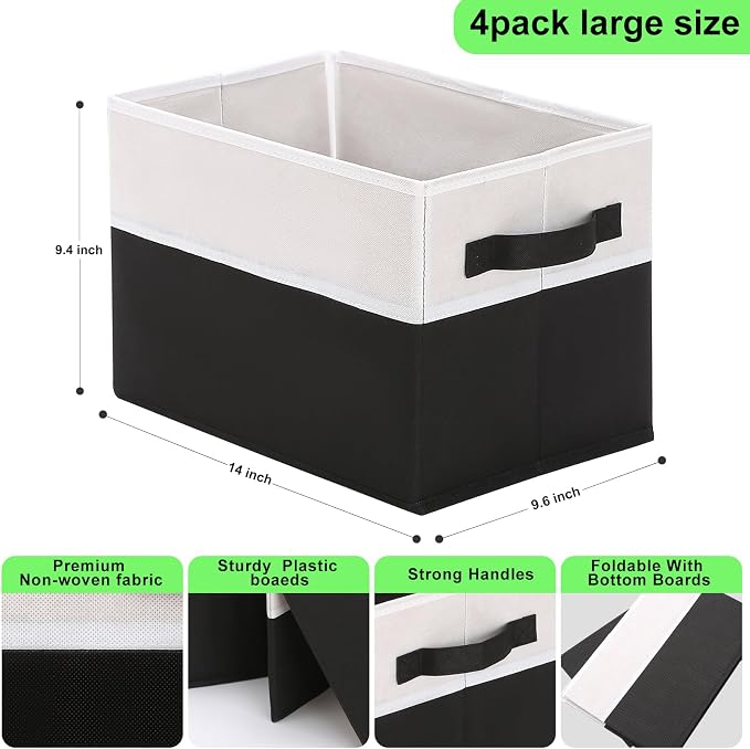 Large Shelf Storage Bins [4 Pack],Decorative Collapsible Storage Basket,Fabric Closet Organizer and Home Storage Cubes with Handles for Organizing Books, Clothes, Toys, Nursery（Black）