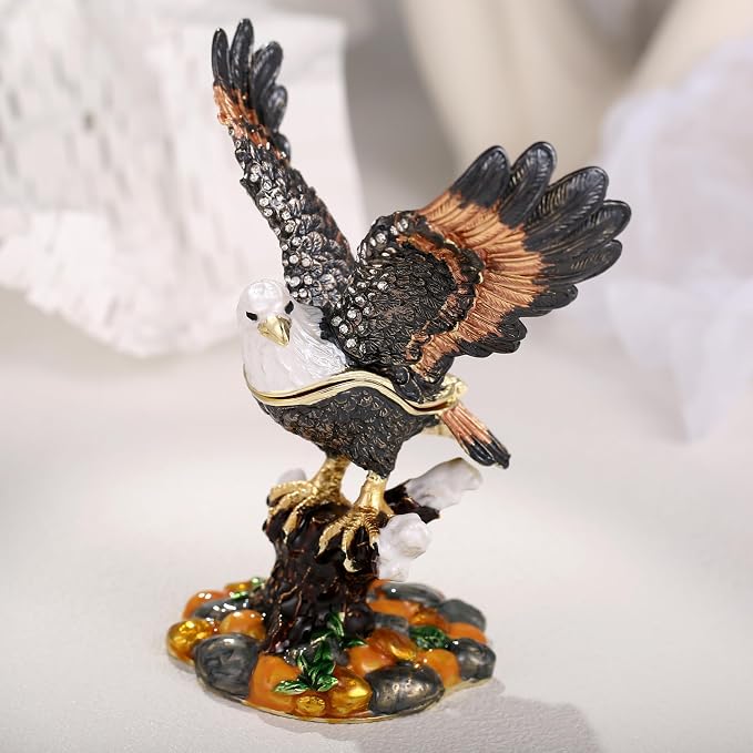 Hand Painted Animal Trinket Box for Home Decor, Hinged Jewelry Organizer Storage, Unique Personalized Collectible Keepsake Figurine Handmade Decorative Ornament Gifts (Eagle)