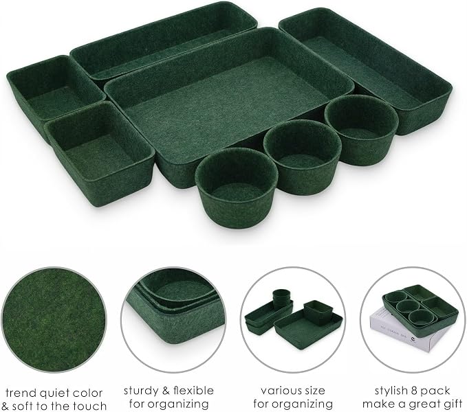 Welaxy 8-piece Nordic Beige desk drawer organizer tray office suppliers makeup pens aesthetic quiet luxury storage bin hygge design sleek minimalist lifestyle (Forest Green)