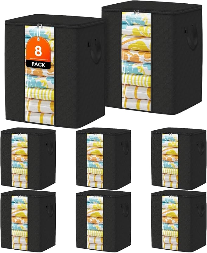 SpaceTrove Clothes Storage Bags, 8-Pack Comforter Blanket Organizers, 80L Large Capacity Containers with Visual Window for Clothing, Quilt, Sheet, Pillow, Closet Organization for Bedding (Black)