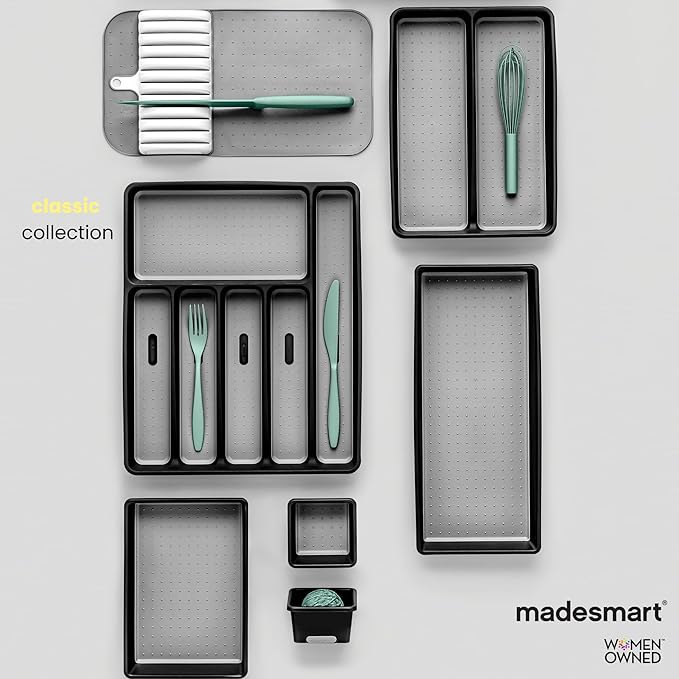 madesmart Classic 13 x 4 Long Storage Bin, Carbon | non slip feet, rounded corners, open compartment, soft grip lining, utensils tools supplies, office craft items, woman owned