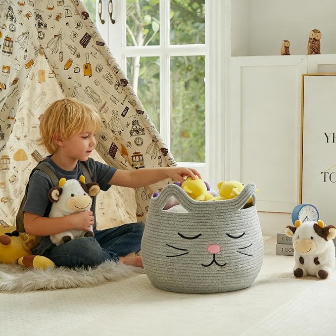 VK VK·LIVING Animal Baskets Large Woven Cotton Rope Storage with Cute Cat Design and Handles, Cat Toy Box Laundry Organizer for Towels, Blanket, Toys, Clothes, Gift for Pet or Baby Baskets 15"D x 14"H