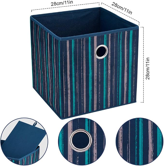 Fabric Storage Cubes Bins Blue Teal Printed Vertical Stripe Cubicle Bins 11x11x11 In Foldable Storage Cube Boxes Storage Baskets Inserts Cube Drawer for Organizers Storage QY-SC17-6