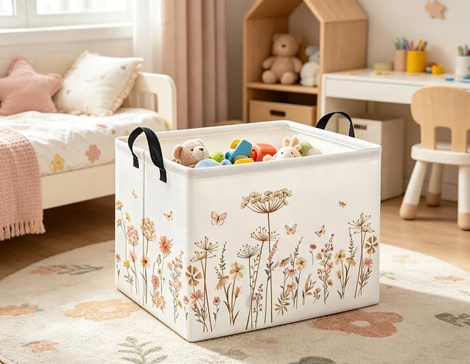 Rectangular Baby Kids Storage Basket for Home Kitchen Girls Cute Toy Storage Bin Organizer Shelf Book Room Decor(Line Flower)