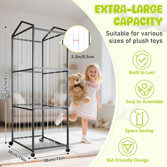 NomNest Stuffed Animal Storage Zoo, Large Metal Plushies Organizer, Heavy Duty Metal Teddy Bear Toy Holder with Wheels for Kids' Bedroom & Playroom & Nursery (Wheeled, Black)