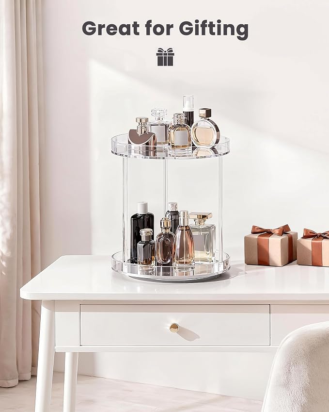Lolalet 360 Degree Rotating Acrylic Perfume Organizer Stand, 2 Tiers Clear Perfumes Holder Display Rack, Makeup Skincare Organization for Vanity Bathroom Countertop -Large, Clear