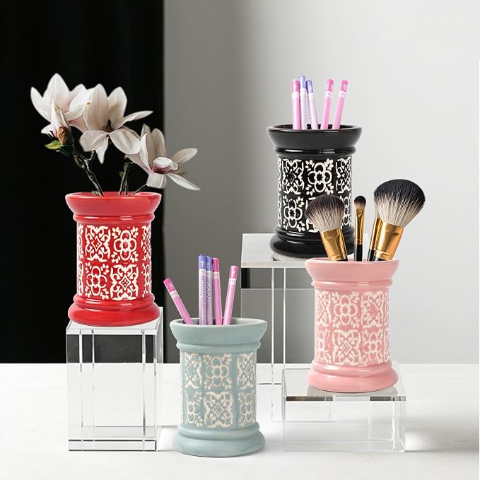 Printed Pencil Holder, Cute Pen Holder for Desk, Ceramic Carved Cylinder Pencil Holder, Office Decoration Container Islamic Style(Pink)