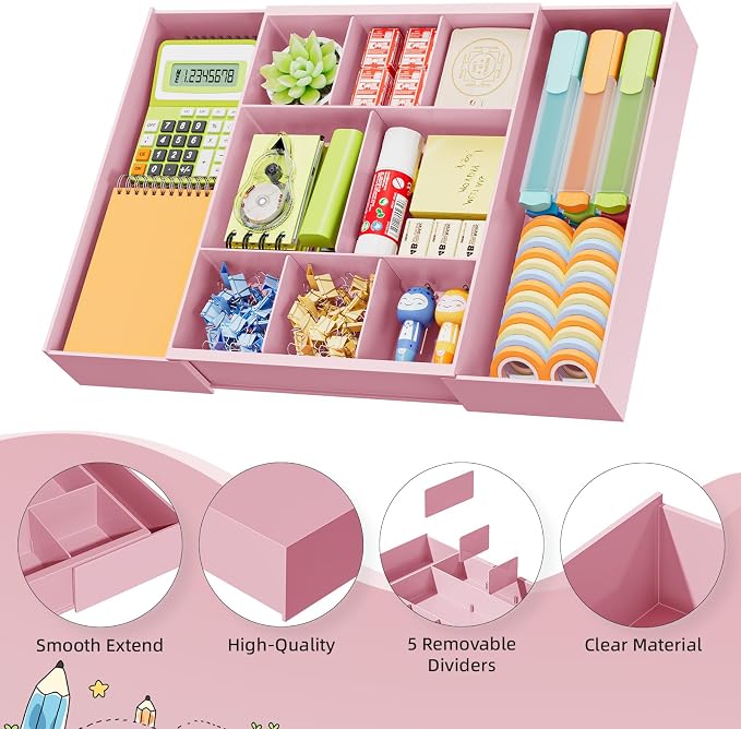 Marbrasse Expandable Desk Drawer Organizer, Clear Plastic Drawer Organizer Tray with 10 Adjustable Compartments, Desk Organizers and Accessories, 5 Drawer Dividers for Office Supplies, Makeup (Pink)