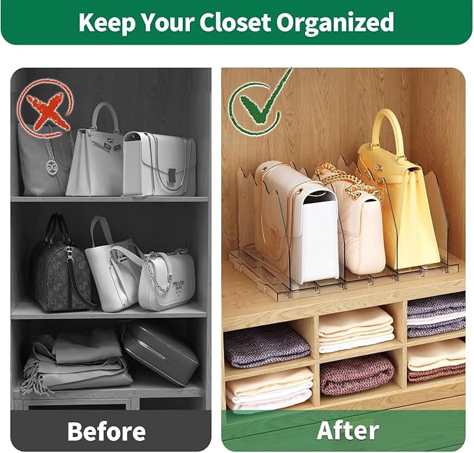 SPACEKEEPER Adjustable Shelf Divider for Closet, 2 Pack Clear Purse Organizers for Closet Acrylic Handbag Separators Storage Organizer Bookshelf Separator Dividers in Bedroom, Office