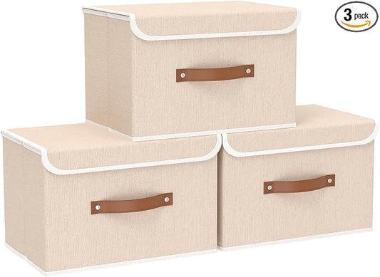 Yawinhe Collapsible Storage Boxes, Linen Fabric Baskets, Bin with lid and Leather Handle, Washable, for Home, Closet, Beige, 17.7''Lx11.8''Wx11.8''H, 3-Pack, USNK024BEX-3