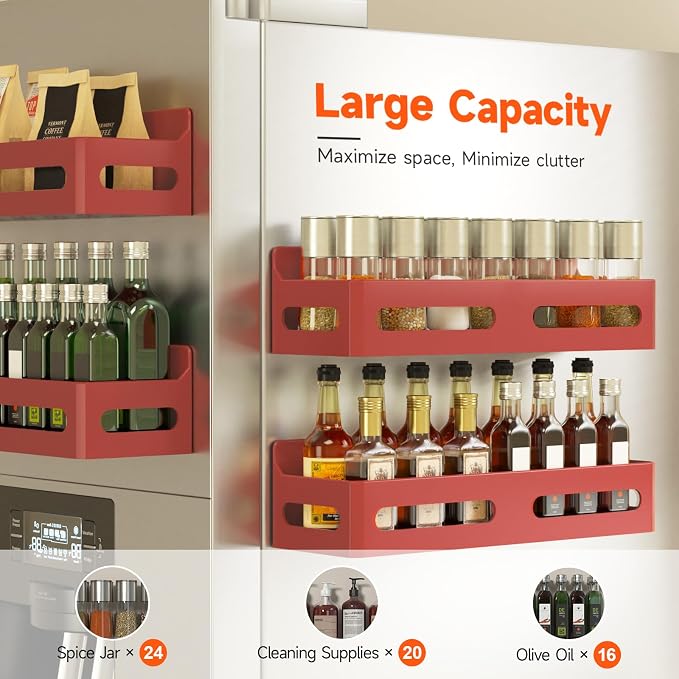 Sevenblue 4-Pack Magnetic Spice Rack for Refrigerator with Hooks, Red | Strong multipurpose magnetic shelf for kitchen & bathroom organization. Includes 4 removable hooks for hanging items.