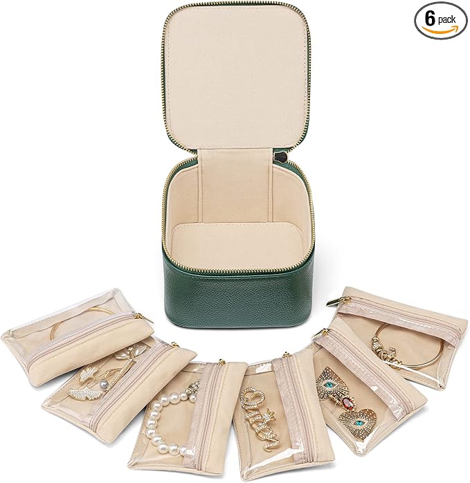 VLANDO Gifts for Teachers,Travel Jewelry Box with 6 Velvet Jewelry Zipper Pockets Jewelry Case Premium Petal Hardware Travel Jewelry Organizer Graduation Gifts (Green)
