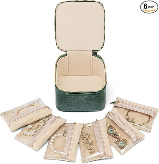 VLANDO Gifts for Teachers,Travel Jewelry Box with 6 Velvet Jewelry Zipper Pockets Jewelry Case Premium Petal Hardware Travel Jewelry Organizer Graduation Gifts (Green)