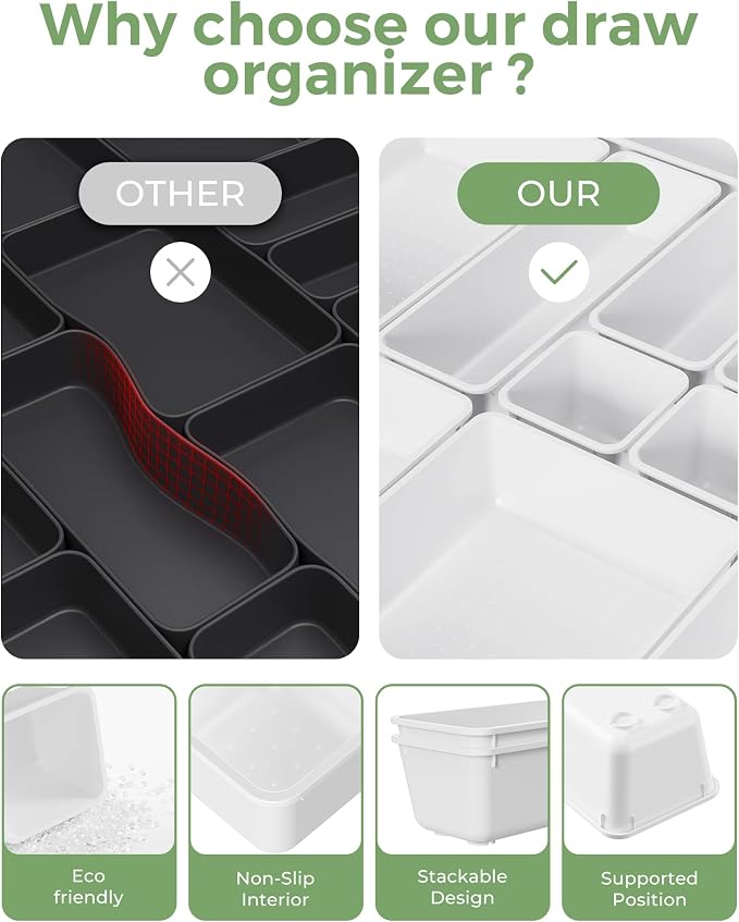 BiuLeon 25 PCS Plastic Drawer Organizers Set, 4-Sizes Vanity and Makeup Organizer, Desk and bathroom Drawer Organizer Trays, Organizers and Storage for Makeup, Jewelry, Gadgets, Utensils (White)