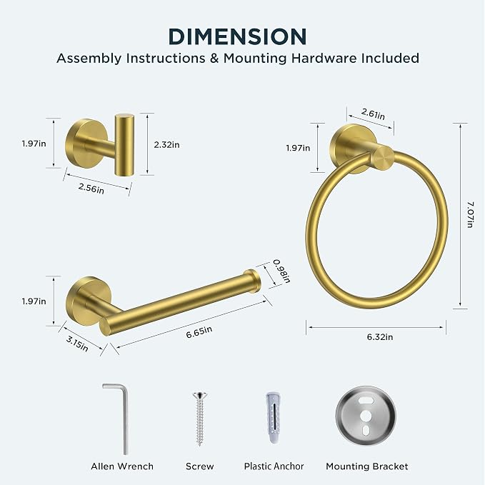 FORIOUS 4 Piece Bathroom Accessories, SUS304 Stainless Steel Toilet Paper Holder, Towel Ring and 2 Towel Hooks, Wall Mounted Bathroom Hardware Set (Brushed Gold)