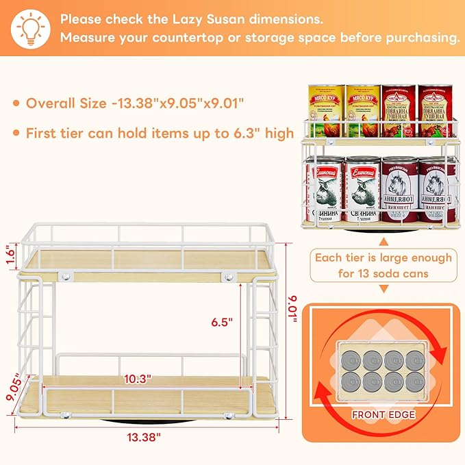 360° Lazy Susan Can Organizer, 2-Tier Rotating Metal Wire Wood Can Rack Holder, Kitchen Pantry Cabinet Countertop Turntable Storage Shelf, Hold 26 Soda Cans Food Beverage Cans Organizer, White