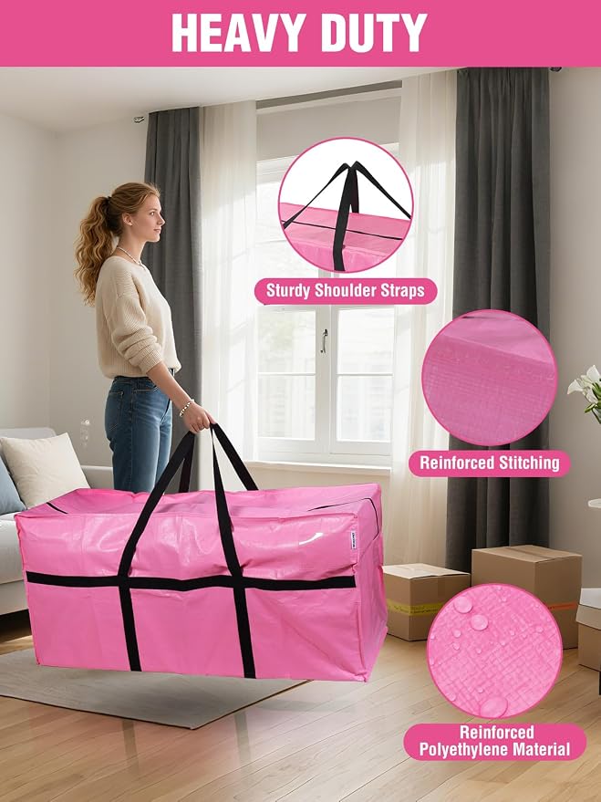 WORKPRO 2-Pack 66 Gallon Extra Large Moving Bags with Zippers & Carry Handles, Heavy-Duty Storage Totes for Moving, Dorm Move-In, Travel & Space-Saving Organization, Pink