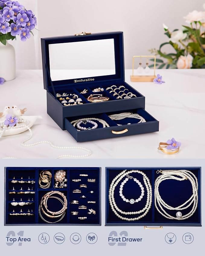 Enthralite Modern Jewelry Organizer for Women: 2-Layer Box with Clear Lid | Space-Saving Design for Elegant Vanity Order - Storage for Ring Earring Necklace Bracelet - Suits Women Who Value Style