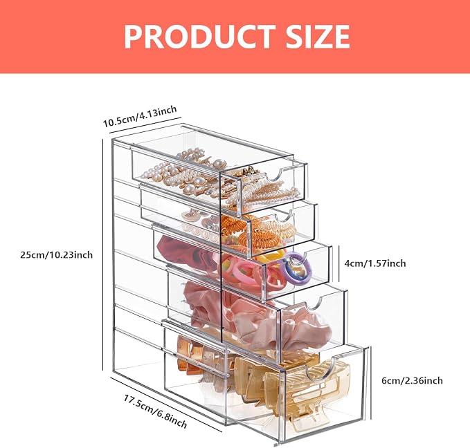 Clear Hair Accessories Storage Drawer Hair Tie Storage Organizer Acrylic Makeup Organizer Jewelry Organizer Scrunchie Holder with 5 Drawers for Bathroom Closet Desk Office Vanity, Undersink