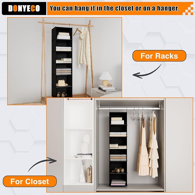 Hanging Closet Organizer 6-Shelf, Oxford Fabric Wardrobe Storage, Black | Easy-mount foldable design holds clothes, handbags, shoes & accessories; washable Oxford fabric, sturdy and space-saving.